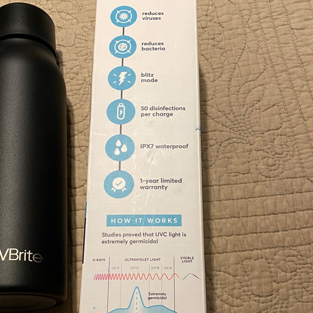 New UVBrite Black Self-Cleaning Water Bottle - Picture 3 of 12